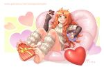  2021 bag bare_legs barefoot bow braid braided_bangs candy chocolate eating feet food foot_focus foot_hold full_mouth heart heart-shaped_chocolate heart_pillow holding holding_bag holding_food les_chevaucheurs long_hair long_sleeves looking_at_viewer maxa&#039; messy_hair orange_hair patreon_username phenice_walholl pillow spread_toes striped sweater toes turtleneck turtleneck_sweater twin_braids white_background wrapped yellow_eyes 