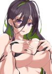  1girl alternate_costume bikini black_bikini black_hair breasts chiraimori_tt colored_inner_hair goddess_of_victory:_nikke green_hair guilty_(nikke) hair_between_eyes hand_on_own_chest large_breasts long_hair looking_at_viewer multicolored_hair open_mouth purple_eyes simple_background solo swimsuit two-tone_hair upper_body wardrobe_malfunction white_background 