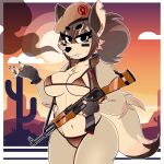 1:1 2023 absurd_res ak-47 anthro arm_tuft assault_rifle beret bikini bodily_fluids breasts canid canine canis chest_tuft cigarette clothing coyote elbow_tuft eyebrows eyelashes fangs female fingerless_gloves fur gloves grey_hair gun hair handwear hat headgear headwear hi_res inner_ear_fluff looking_at_viewer mammal navel notched_ear ranged_weapon rifle shoulder_tuft solo super_animal_royale sweat swimwear teeth topwear tuft vest weapon wireless_shiba 