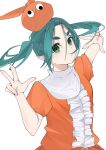  1girl aqua_hair arm_up arril100 eyelashes floating_hair forehead frilled_shirt frills googly_eyes green_eyes hair_between_eyes hand_up highres long_hair looking_at_viewer monogatari_(series) ononoki_yotsugi orange_shirt parted_bangs parted_lips pointy_ears puffy_short_sleeves puffy_sleeves shirt short_eyebrows short_sleeves simple_background solo thick_eyebrows twintails upper_body w white_background 