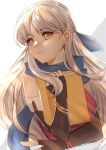  1girl blonde_hair blue_scarf book edamameoka fire_emblem fire_emblem:_radiant_dawn highres holding holding_book long_hair looking_to_the_side micaiah_(fire_emblem) scarf simple_background solo white_background white_hair 