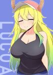  1girl arms_behind_back black_tank_top blonde_hair blue_background breasts character_name cleavage closed_eyes commentary dragon_horns english_commentary gradient_hair green_hair hat highres horns huge_breasts kobayashi-san_chi_no_maidragon long_hair lucoa_(maidragon) mikoscrub multicolored_hair smile solo tank_top very_long_hair 