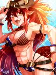  1girl abs american_flag american_flag_bikini belt bikini black_belt blue_bikini breasts brown_headwear cowboy cowboy_hat cowboy_western dragon_girl dragon_horns dragon_tail flag_print fumizuki_kazuhito hat highres horns large_breasts long_hair looking_at_viewer muscular muscular_female open_mouth pointy_ears red_bikini red_hair sharp_teeth sidelocks solo swimsuit tail teeth two-tone_bikini virtual_youtuber vshojo yellow_eyes zentreya_(vtuber) zentreya_(vtuber)_(cowboy_bikini) zentreya_(vtuber)_(dragon) 