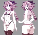  1boy absurdres abysswatchers astolfo_(fate) bikini black_thighhighs braid braided_ponytail bulge closed_mouth collarbone fate/apocrypha fate_(series) grey_background hair_between_eyes hair_intakes hand_on_own_hip highres long_hair looking_at_viewer looking_back multicolored_hair multiple_views nervous_smile open_mouth otoko_no_ko pink_eyes pink_hair simple_background smile solo striped striped_bikini sweatdrop swimsuit thighhighs white_hair 