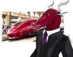  alstom anthro black_sclera clothing dragon hi_res horn how_to_dragon_your_train hybrid kurasaiyaart living_machine living_train living_vehicle locomorph locomotive machine male markings necktie red_body solo suit tgv-r thalys_(company) train vehicle white_back white_eyes white_markings 