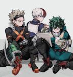  &gt;:( 3boys absurdres alternate_hair_color aqua_bodysuit aqua_gloves baggy_pants bakugou_katsuki bangs_pinned_back belt belt_pouch black_footwear black_mask black_pants blue_eyes boku_no_hero_academia boots bright_pupils burn_scar closed_mouth colored_shoe_soles combat_boots commentary_request concentrating cross-laced_footwear dirty dirty_clothes eye_mask freckles frown full_body gloves green_eyes green_gloves green_hair grey_background grey_eyes grey_gloves grey_hair hair_between_eyes hand_on_own_knee hands_up heterochromia high_collar highres holding holding_pen holding_phone knee_boots knee_up looking_at_another looking_to_the_side male_focus mask mask_on_head midoriya_izuku mimisu multicolored_hair multiple_boys notebook on_floor on_ground orange_gloves outline outstretched_arm pants partial_commentary pen phone pouch red_belt red_eyes red_hair scar scar_on_face scratches shadow shoe_soles short_hair single_horizontal_stripe sitting snap-fit_buckle spiked_hair split-color_hair spread_legs straight_hair todoroki_shouto toned toned_male turning_head twitter_username two-tone_gloves two-tone_hair utility_belt v-shaped_eyebrows white_hair white_outline white_pupils wrist_guards writing x 