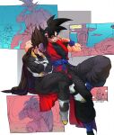  black_hair blue_sash blue_wristband chronoa closed_mouth dougi dragon_ball dragon_ball_heroes gloves male_focus monkey_boy monkey_tail multiple_boys muscular muscular_male ommmyoh open_mouth pants saiyan sash son_goku_(xeno) spiked_hair super_saiyan super_saiyan_4 tail time_patrol_(dragon_ball) twitter_username vegeta_(xeno) 