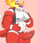  anthro balls bodily_fluids castrodour crocodilian cum erection fire generation_9_pokemon genital_fluids genitals hi_res humanoid humanoid_genitalia humanoid_penis looking_at_viewer male muscular muscular_anthro muscular_male nintendo nipples nude open_mouth pec_grab pecs penis pokemon pokemon_(species) red_body reptile scalie skeledirge solo tail white_body 