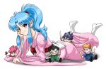  1girl 4boys black_hair blue_hair botan_(yu_yu_hakusho) chibi dual_wielding energy_sword english_commentary finger_gun flower grin hiei_(yu_yu_hakusho) high_ponytail holding holding_flower holding_sword holding_weapon james_valle japanese_clothes katana kimono kuwabara_kazuma long_hair looking_at_viewer lying multiple_boys on_stomach orange_hair pink_kimono pompadour purple_eyes red_flower red_hair red_rose rose sidelocks smile solo stuffed_toy sword twitter_username urameshi_yusuke weapon white_background yu_yu_hakusho 