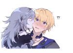  !? biting blonde_hair blue_eyes blush cheek_biting ear_piercing fur-trimmed_jacket fur_trim grey_hair hood hoodie jacket lee_(punishing:_gray_raven) long_hair mao_(expuella) original piercing punishing:_gray_raven short_hair sweatdrop white_background 