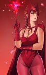  1girl braid braided_ponytail breasts chainsaw_man cleavage cosplay gloves halloween large_breasts long_hair looking_at_viewer makima_(chainsaw_man) red_hair ringed_eyes scarlet_witch scarlet_witch_(cosplay) sidelocks simple_background smile solo victorbalgitt yellow_eyes 