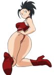  1girl ass black_eyes black_hair boku_no_hero_academia boots breasts closed_mouth commentary full_body hair_pulled_back hand_on_hip highres leotard long_hair looking_at_viewer medium_breasts ponytail red_leotard smile solo toshinoshin white_background yaoyorozu_momo 