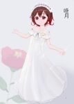  1girl alternate_costume brown_hair character_name collarbone crescent crescent_pin dress flat_chest full_body gradient_hair hairband highres jewelry kantai_collection kozzy.ta multicolored_hair mutsuki_(kancolle) necklace off-shoulder_dress off_shoulder red_eyes red_hair short_hair solo wedding_dress white_dress white_hairband 
