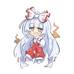  1girl blunt_bangs blush bow chibi collared_shirt fang fire flats floating fujiwara_no_mokou green_eyes hair_bow hands_in_pockets long_hair long_sleeves looking_at_viewer multicolored_bow ofuda ofuda_on_clothes open_mouth pants primsla puffy_long_sleeves puffy_sleeves red_bow red_pants shirt sidelocks simple_background skin_fang solo split_mouth suspenders touhou very_long_hair white_background white_bow white_footwear white_hair white_shirt 
