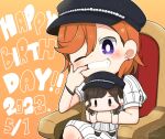  1girl birthday blush bracelet chibi date_sayuri dated earrings english_text g_teall happy_birthday hat highres holding holding_stuffed_toy jewelry looking_at_viewer love_live! love_live!_superstar!! nesoberi orange_hair purple_eyes shibuya_kanon signature sitting solo stuffed_toy voice_actor_connection 