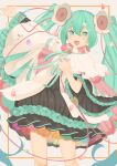  aqua_ribbon black_skirt cape detached_sleeves flower hair_flower hair_ornament hatsune_miku highres magical_mirai_(vocaloid) magical_mirai_miku magical_mirai_miku_(2021) manicure medallion multicolored_clothes nail_polish original-orange-610917 ribbon shirt skirt vocaloid white_shirt 