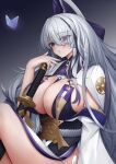  1girl absurdres azur_lane blush breasts bug butterfly eyes_visible_through_hair hair_over_one_eye highres japanese_clothes katana kimono knees_up large_breasts long_hair looking_at_viewer multicolored_hair parted_lips purple_eyes purple_hair revealing_clothes side_slit solo streaked_hair sword ueyama_0clock unzen_(azur_lane) weapon white_hair white_kimono 