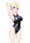  1girl absurdres arms_behind_head black_one-piece_swimsuit blonde_hair blue_eyes braid breasts commentary_request competition_swimsuit covered_navel cowboy_shot darjeeling_(girls_und_panzer) girls_und_panzer highres medium_breasts one-piece_swimsuit short_hair simple_background solo swimsuit takafumi twin_braids white_background 