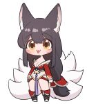  1girl :3 ahri_(league_of_legends) animal_ears bare_shoulders black_hair breasts cleavage facial_mark fox_ears fox_tail full_body league_of_legends long_hair multiple_tails simple_background tail tongue tongue_out very_long_hair whisker_markings white_background yabby yellow_eyes 