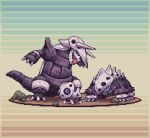  abstract_background aggron armlet aron blue_eyes closed_mouth dutch_angle empty_eyes evolutionary_line horns lairon looking_at_viewer looking_up open_mouth outstretched_arms pixel_art pokemon pokemon_(creature) rock roseypixels size_difference skull_ornament smile spikes 