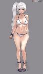  1girl absurdres bare_legs bikini bluefield full_body grey_background grey_eyes high_heels highres legs navel patreon_username photoshop_(medium) rwby sandals scar scar_across_eye scrunchie side_ponytail solo strappy_heels swimsuit toenails toes twitter_username weiss_schnee white_bikini white_hair wrist_scrunchie 