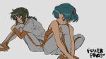  2girls bare_shoulders baseball_uniform blue_hair braid cleats closed_mouth commentary_request copyright_name dot_mouth expressionless green_hair hair_bobbles hair_ornament hayakawa_aoi head_on_knee head_rest highres hugging_own_legs jikkyou_powerful_pro_yakyuu kakeami knee_up knees_up layered_sleeves light_blush long_hair long_sleeves looking_at_another looking_away looking_back multiple_girls orange_shirt pants parted_bangs shirt short_hair short_over_long_sleeves short_ponytail short_sleeves side_ponytail simple_background sitting sleeveless sleeveless_shirt sportswear tachibana_mizuki_(pawapro) undershirt v_arms white_background white_pants white_shirt 