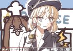  1girl absurdres badge bandaid bandaid_on_face black_headwear bokukawauso brown_eyes chef_hat commentary_request fake_video hat highres kantai_collection light_brown_hair looking_at_viewer oboro_(kancolle) otter peaked_cap police police_uniform policewoman short_hair tatahai toque_blanche translation_request uniform youtube 