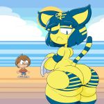  absurd_res animal_crossing ankha_(animal_crossing) anthro beach big_breasts big_butt blue_body blue_bottomwear blue_clothing blue_eyes blue_fur blue_hair blue_shorts blue_stripes blue_swimwear bodily_fluids bottom_heavy bottomwear bra_on_butt breasts brown_hair butt clothing cloud covering covering_breasts domestic_cat duo egyptian_headdress embarrassed eyelashes felid feline felis female fur hair hi_res huge_butt human looking_back male mammal markings mostly_nude nintendo one_eye_closed pattern_clothing pattern_swimwear pupils rear_view red_clothing red_shirt red_topwear sea seaside shirt shorts sky slit_pupils striped_clothing striped_markings striped_swimwear striped_tail stripes sweat sweatdrop swimwear tail tail_markings tan_body tan_skin thick_thighs topwear towel villager_(animal_crossing) water wide_hips yellow_body yellow_clothing yellow_fur yellow_swimwear yummercummer 