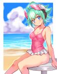  1girl azure_striker_gunvolt beach blue_eyes blue_sky blurry blurry_background breasts cleavage closed_mouth cloud cloudy_sky commentary cougar_(cougar1404) covered_navel day depth_of_field frilled_one-piece_swimsuit frills green_hair head_tilt headgear horizon looking_at_viewer medium_breasts ocean one-piece_swimsuit outdoors pink_headwear pink_one-piece_swimsuit roro_(gunvolt) short_hair sitting sky smile solo swimsuit water 