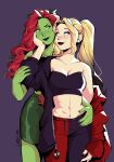 2girls abs absurdres artist_name black_pants blonde_hair blue_eyes colored_skin crop_top dc_comics green_eyes green_skin harley_quinn highres long_hair lumieluna midriff multiple_girls pants poison_ivy purple_background red_hair red_pants simple_background twintails two-tone_pants 