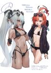  2girls absurdres ahoge bikini black_bikini black_gloves black_ribbon blue_archive braid breasts dark-skinned_female dark_skin demon_tail eyewear_on_head flat_chest gloves grey_hair hair_over_one_eye hair_ribbon halo highres iori_(blue_archive) iori_(swimsuit)_(blue_archive) jacket long_hair looking_at_viewer medium_breasts multi-strapped_bikini multiple_girls neru_(blue_archive) pointy_ears red_eyes ribbon side-tie_bikini_bottom single_braid sukajan sunglasses swimsuit tail translation_request twintails very_long_hair yanyo_(ogino_atsuki) 