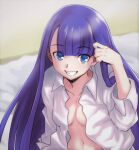  1girl aoba_(smartbeat) blue_eyes breasts collarbone collared_shirt dress_shirt fate/grand_order fate_(series) grin long_hair long_sleeves looking_at_viewer martha_(fate) medium_breasts navel open_clothes open_shirt purple_hair shirt smile solo white_shirt 