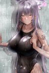  1girl aga_marino black_one-piece_swimsuit blue_archive blush breasts collarbone covered_navel dark-skinned_female dark_skin halo huge_breasts karin_(blue_archive) long_hair looking_at_viewer one-piece_swimsuit purple_hair shower_(place) showering solo swimsuit very_long_hair wet yellow_eyes 