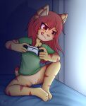  absurd_res anthro bed bottomless clothed clothing domestic_cat dream_mirage felid feline felis female furniture gaming genitals hi_res mammal playing_videogame pussy sitting solo teenager young 