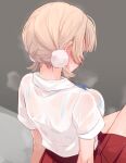  1girl absurdres back blonde_hair blush bra_visible_through_clothes bralines dress_shirt ear_blush festa11307070 hair_ornament highres indie_virtual_youtuber low_twintails nape official_alternate_hairstyle pom_pom_(clothes) pom_pom_hair_ornament red_skirt see-through shigure_ui_(vtuber) shigure_ui_(vtuber)_(2nd_costume) shirt short_hair short_twintails sitting skirt solo steaming_body sweat twintails underwear virtual_youtuber wet wet_clothes wet_shirt 