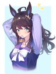  1girl adjusting_hair ahoge animal_ears arms_behind_head arms_up black_hair blue_eyes blush breasts commentary_request daring_tact_(umamusume) hair_ornament highres horse_ears horse_girl kashmir_0808 looking_at_viewer medium_breasts medium_hair school_uniform simple_background solo star_(symbol) star_hair_ornament tracen_school_uniform umamusume 