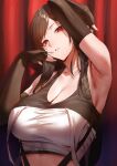  1girl absurdres bare_shoulders black_sports_bra blush breasts brown_hair cleavage collarbone final_fantasy final_fantasy_vii highres large_breasts long_hair looking_at_viewer navel red_eyes rororo solo sports_bra tank_top tifa_lockhart white_tank_top 
