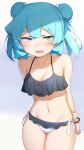  1girl abmayo alternate_hairstyle bare_shoulders bikini black_bikini breasts cleavage collarbone double_bun hair_bun hatsune_miku highres large_breasts long_hair looking_at_viewer navel open_mouth smile solo stomach swimsuit twintails vocaloid white_bikini 