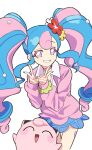  1girl blue_hair blue_skirt choker collared_shirt double_v eyelashes fairy_miku_(project_voltage) flower grin hair_flower hair_ornament hands_up hatsune_miku jigglypuff long_hair long_sleeves multicolored_hair pink_eyes pink_hair pink_sweater pokemon pokemon_(creature) project_voltage scrunchie shirt simple_background skirt smile sweater teeth twintails two-tone_hair v vocaloid white_background white_shirt wrist_scrunchie yoko.u 