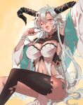  1girl breasts cleavage dark_skin draph fang fediel_(granblue_fantasy) granblue_fantasy grey_hair hatake_oekaki highres horns large_breasts long_hair navel pointy_ears purple_eyes sitting solo thighhighs thighs yawning 