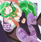  1girl :d animal_print aqua_eyes arm_up bat_print bat_wings black_footwear black_leotard boots breasts bridal_gauntlets cleavage clothing_cutout colored_eyelashes demon_girl green_hair hand_up head_wings heart_cutout leotard long_hair morrigan_aensland open_mouth outline pantyhose purple_pantyhose sicky_(pit-bull) smile solo vampire_(game) wings 