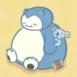  clinging closed_eyes closed_mouth commentary_request log momo_irone no_humans official_art pokemon pokemon_(creature) pokemon_on_arm simple_background sleeping snorlax yellow_background 