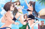  5girls air_groove_(umamusume) alternate_costume back beach_volleyball bikini black_bikini black_shorts blue_bikini blue_eyes blush_stickers brown_hair butt_crack commentary green_bikini green_eyes green_sarong groin hair_between_eyes hat horse_girl jumping kanno_esuto layered_bikini lens_flare light_rays long_hair median_furrow mejiro_mcqueen_(umamusume) midriff mini_hat mini_top_hat mr._c.b._(umamusume) multiple_girls narita_brian_(umamusume) navel outdoors palm_tree palms_together parfait parted_bangs ponytail purple_eyes purple_hair rope sarong scapula shimenawa short_hair shorts side-tie_bikini_bottom sidelocks summer sun_hat sunlight swimsuit symboli_rudolf_(umamusume) thigh_strap tilted_headwear top_hat tree umamusume volleyball_net white_bikini white_headwear 