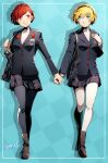  2girls aegis_(persona) alternate_costume android aqua_background bag blazer blonde_hair blue_eyes boots border checkered_background cosplay full_body headband headphones highres holding_hands jacket looking_at_another multiple_girls nakano_maru pantyhose persona persona_3 persona_3_portable persona_5 plaid plaid_skirt pleated_skirt red_eyes red_hair red_headphones robot school_bag school_uniform shiomi_kotone shoes shoulder_bag shuujin_academy_school_uniform signature simple_background skirt turtleneck walking white_border 