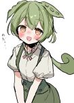  1girl :3 blush bright_pupils brooch chibirisu commentary_request green_hair green_suspenders grey_shirt hair_between_eyes heart heart-shaped_pupils jewelry looking_at_viewer open_mouth orange_eyes puffy_short_sleeves puffy_sleeves shirt short_sleeves simple_background solo symbol-shaped_pupils translation_request upper_body voicevox white_background white_pupils zundamon 
