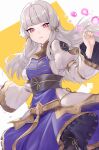  1girl blunt_bangs breasts cleavage closed_mouth dress fire_emblem fire_emblem:_three_houses fire_emblem_warriors:_three_hopes floating_hair grey_ribbon hair_ribbon haru_(nakajou-28) highres light_smile long_hair long_sleeves looking_at_viewer lysithea_von_ordelia official_alternate_costume official_alternate_hairstyle purple_dress red_eyes ribbon solo standing white_hair 