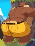  2023 absurd_res anthro banjo-kazooie banjo_(banjo-kazooie) bear belly bhtoss big_belly big_butt black_nose blue_eyes bodily_fluids bottomwear brown_body butt clothing hi_res kemono male mammal moobs outside overweight overweight_male rareware shorts solo sweat 