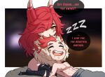  1boy 1girl :d abs animal_ears bird_ears black_thighhighs blonde_hair border chibi closed_eyes collarbone drooling english_text hair_over_one_eye kinkymation league_of_legends long_hair multicolored_hair navel nude orange_eyes rakan_(league_of_legends) red_hair sitting slit_pupils smile speech_bubble teeth thighhighs two-tone_hair upper_teeth_only wariza white_border xayah zzz 