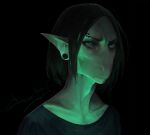  2018 akrolayn alien anthro black_background black_clothing black_hair black_shirt black_topwear bust_portrait clothing digital_media_(artwork) digital_painting_(artwork) ear_piercing eyebrows female geodis_(species) green_light hair light lighting piercing portrait prick_ears shaded shirt simple_background solo three-quarter_view topwear valetta_(akrolayn) 