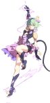  1girl arm_up boots bra breasts cleavage electricity full_body glasses green_eyes green_hair highres jacket looking_at_viewer medium_breasts open_clothes open_mouth pandoria_(xenoblade) pointy_ears purple_bra purple_footwear purple_jacket purple_shorts short_hair shorts simple_background solo stephanieh81080 tail underwear white_background xenoblade_chronicles_(series) xenoblade_chronicles_2 